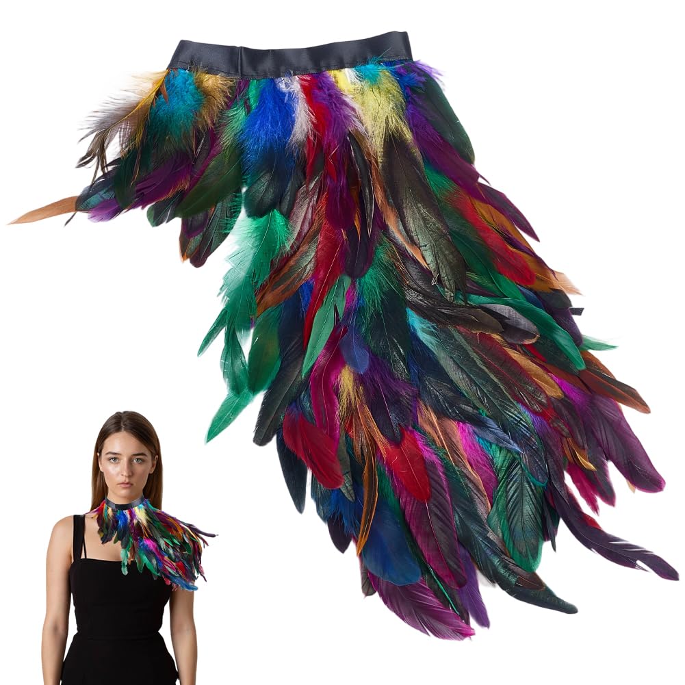 GORGECRAFT Gothic Feather Cape Shawl Feather Capelet Witch Wings Collar Natural Feathers Cape Shrug Halloween Raven Costume Peacock Adult Costumes for Women Men Easter New Years Eve, Colorful