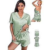 WJing Yi Jia 3Pcs Silk Pajamas Set for Women XS-4XL Satin Pajama Lingerie Pjs Cami Tops Silky Pj Sets Sleepwear Nightwear