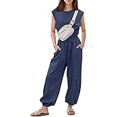 Flygo Womens Casual Jumpsuit Crewneck Cap Sleeve Long Wide Leg Pants One Piece Outfits Drawstring Romper with Pockets