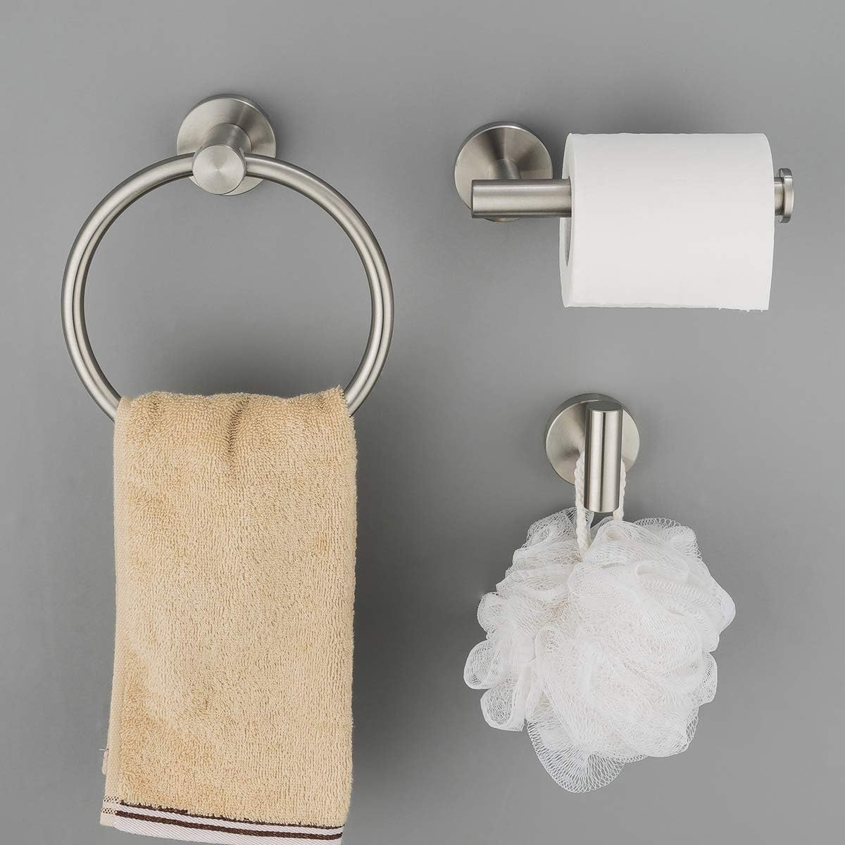 GAPPO 3 Piece Bathroom Hardware Accessories Set Brushed Nickel SUS 304 Stainless Steel Wall Mounted Hand Towel Ring Toilet Paper Holder Robe Hook: Home & Kitchen