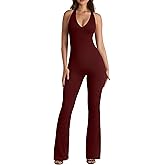 OQQ Jumpsuits for Women Fall Winter Halterneck Sleeveless Lace-Trim Flared Jumpsuit