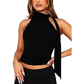 OZICERD Off Shoulder Halter Mock Neck Going Out Tops for Women Cute Club Rave Top Bow Tie Sleeveless Crop Tank Top with Scarf