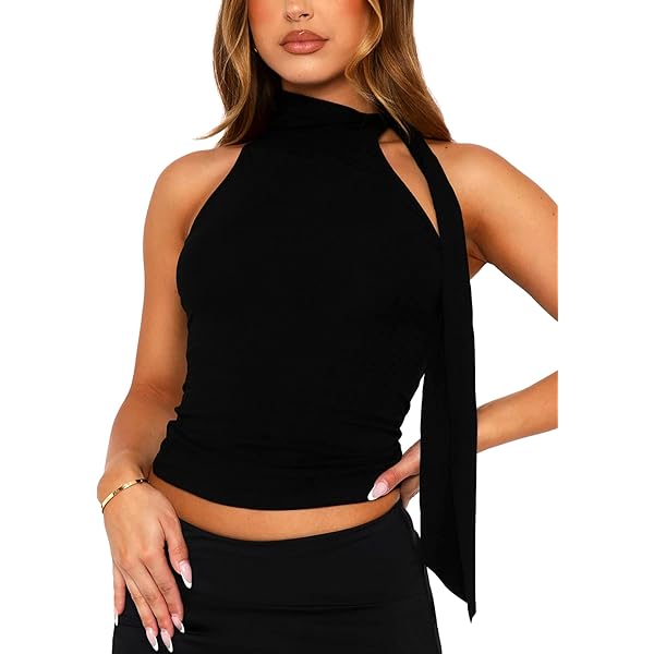 MakeMeChic Women's Satin Silk Halter High Neck Tops Backless