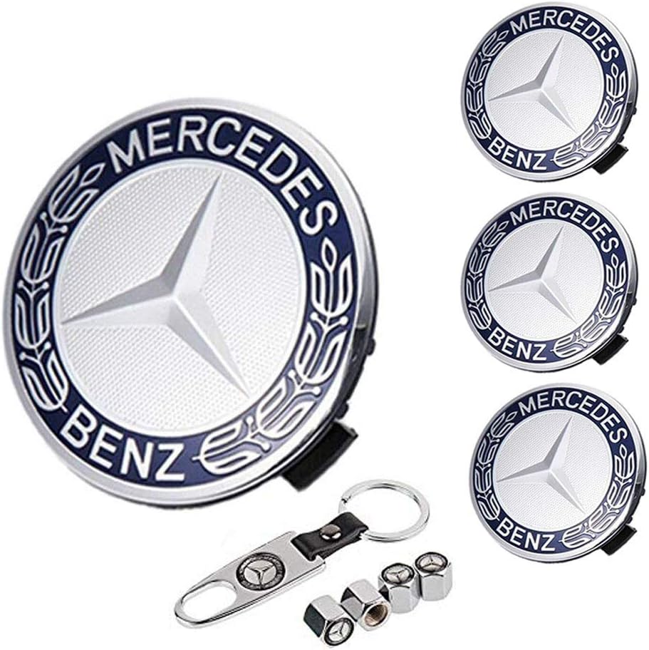 Aswelly Wheel Center Hub Caps Emblem Fit for Benz, 4PCS 75mm/2.95" Rim Hub Cap Cover Logo + 4 PCS Tire Valve Covers Fit for Mercedes Benz All Models