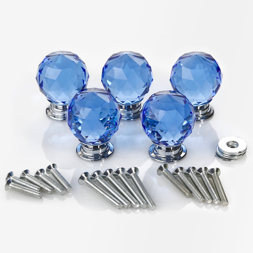 Crystal Door Knobs, 5 X 30MM Crystal Glass Diamond Cut Door Knobs Kitchen Cabinet Drawer Knobs with Screw for Home Decorating, Blue
