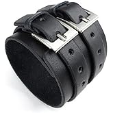 jonline24h Wide Genuine Leather Mens Bangle Cuff Bracelet, Punk Rock, Adjustable Fits 7" to 8.5", Black