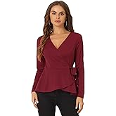 Allegra K Dressy Casual Wrap Peplum Tops for Women's Elegant V Neck Long Sleeves Tie Waist Knit Blouse