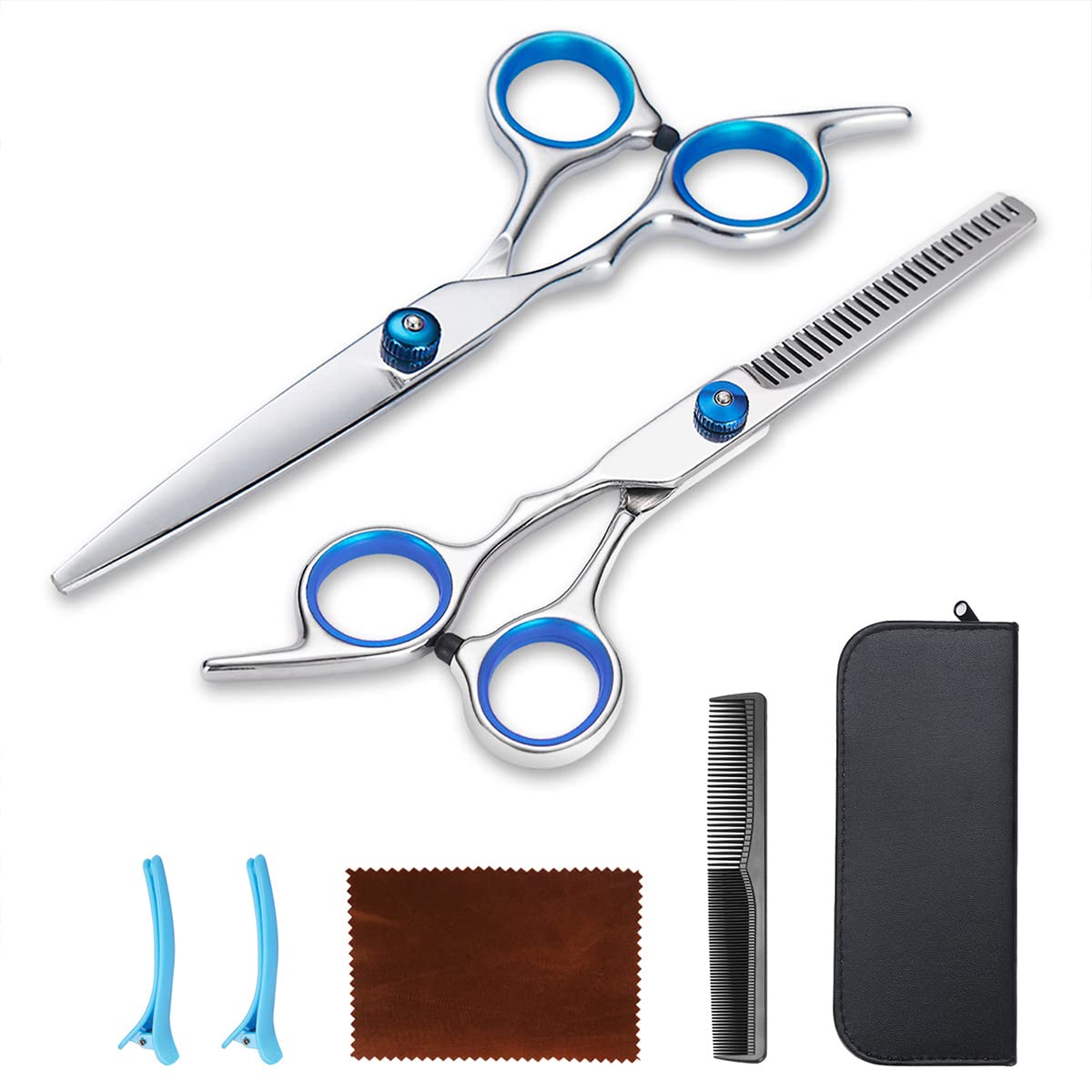 Kyraton Professional Barber Hair Scissors Shears Set with Cutting Scissors, Thinning Scissors, Comb, Clips, Cleaning Cloth, Case, Premium Hairdressing Shears for Salon and Home.