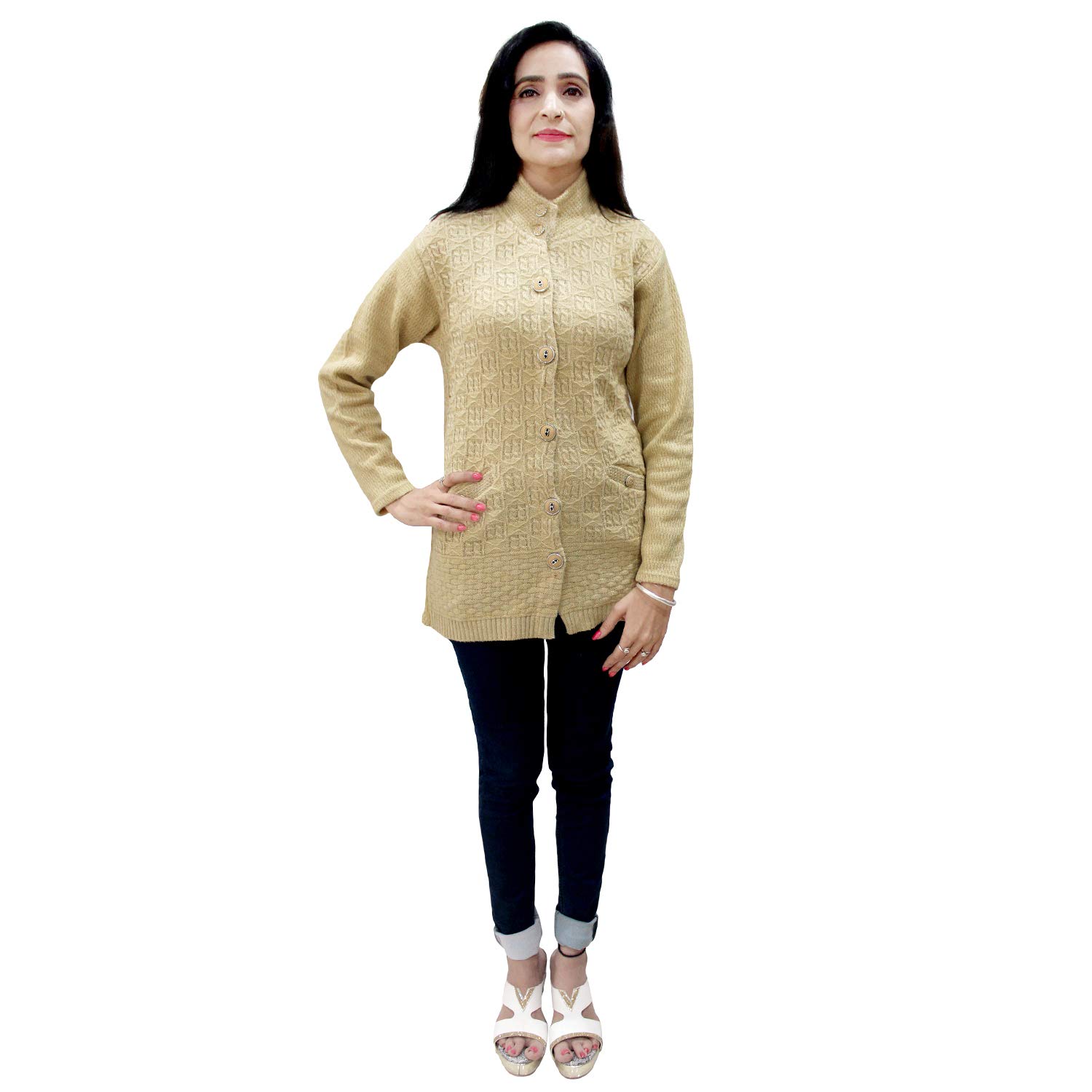 matelco women's woollen hi-neck buttoned cardigan with pockets