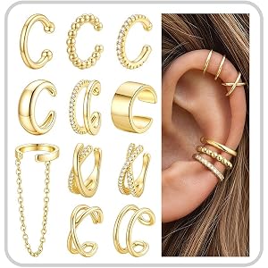 Turandoss 11Pcs Ear Cuffs for Non Piercing, Adjustable Clip on Earrings | 14K Gold Plated, Hypoallergenic Earring , Ear Cuffs