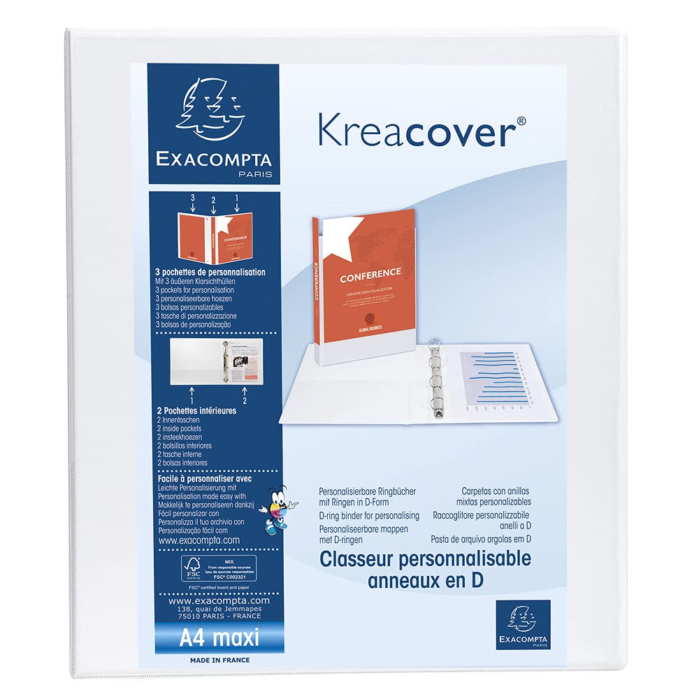 Exacompta - ref. 51826E - 1 customizable rigid opaque binder with 3 pockets - 2 D-rings of 25 mm - Spine 47 mm - External dimensions: 32 x 27.7 cm - Format to be filed A4 Maxi - Colour: white — image 1