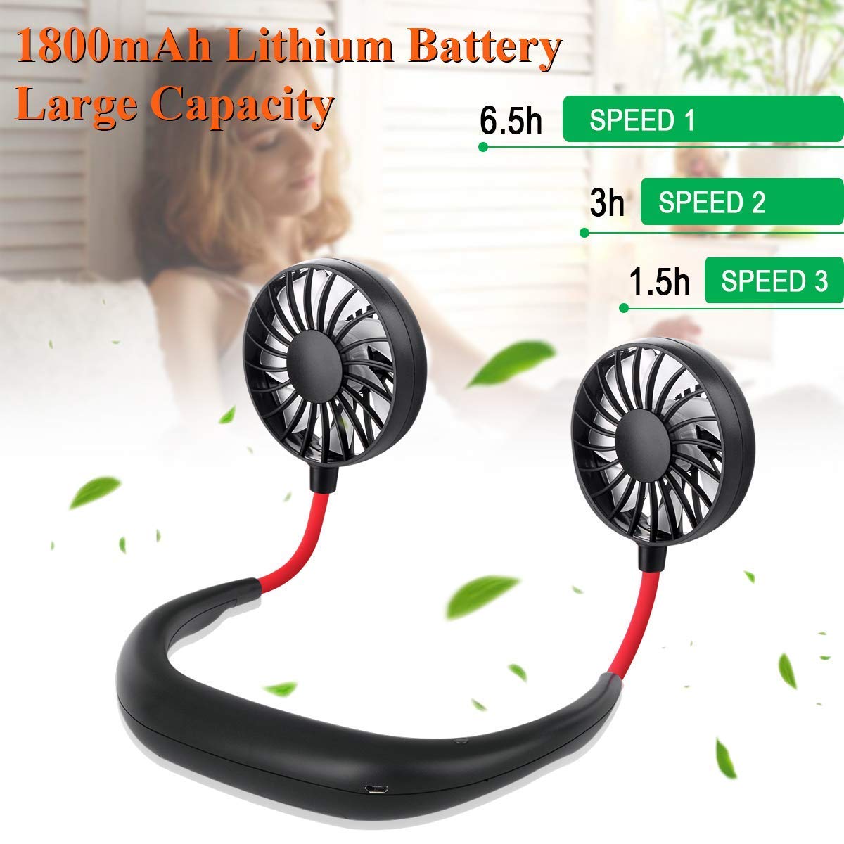 Hand Free Personal Fan - Portable USB Battery Rechargeable Mini Fan - Headphone Design Wearable Neckband Fan Necklance Fan Cooler Fan with Dual Wind Head for Traveling Outdoor Office Room (Black)
