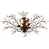 SEOL-Light Vintage Large Crystal Branches Chandeliers Black Close to Ceiling Light Flush Mount Fixture with 5 Light 200W 31.5