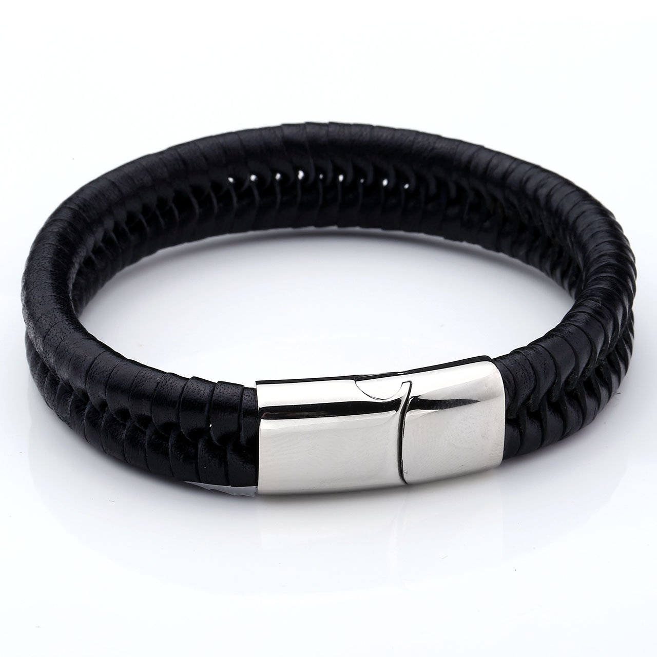 PiercingJ - Bijoux Bracelet Leather Cuir Veritable Tresse Croise avec Fermoir Acier Inoxydable Lien Poignet Manchette Biker Motard Chaine de Main Femme Homme - Noir