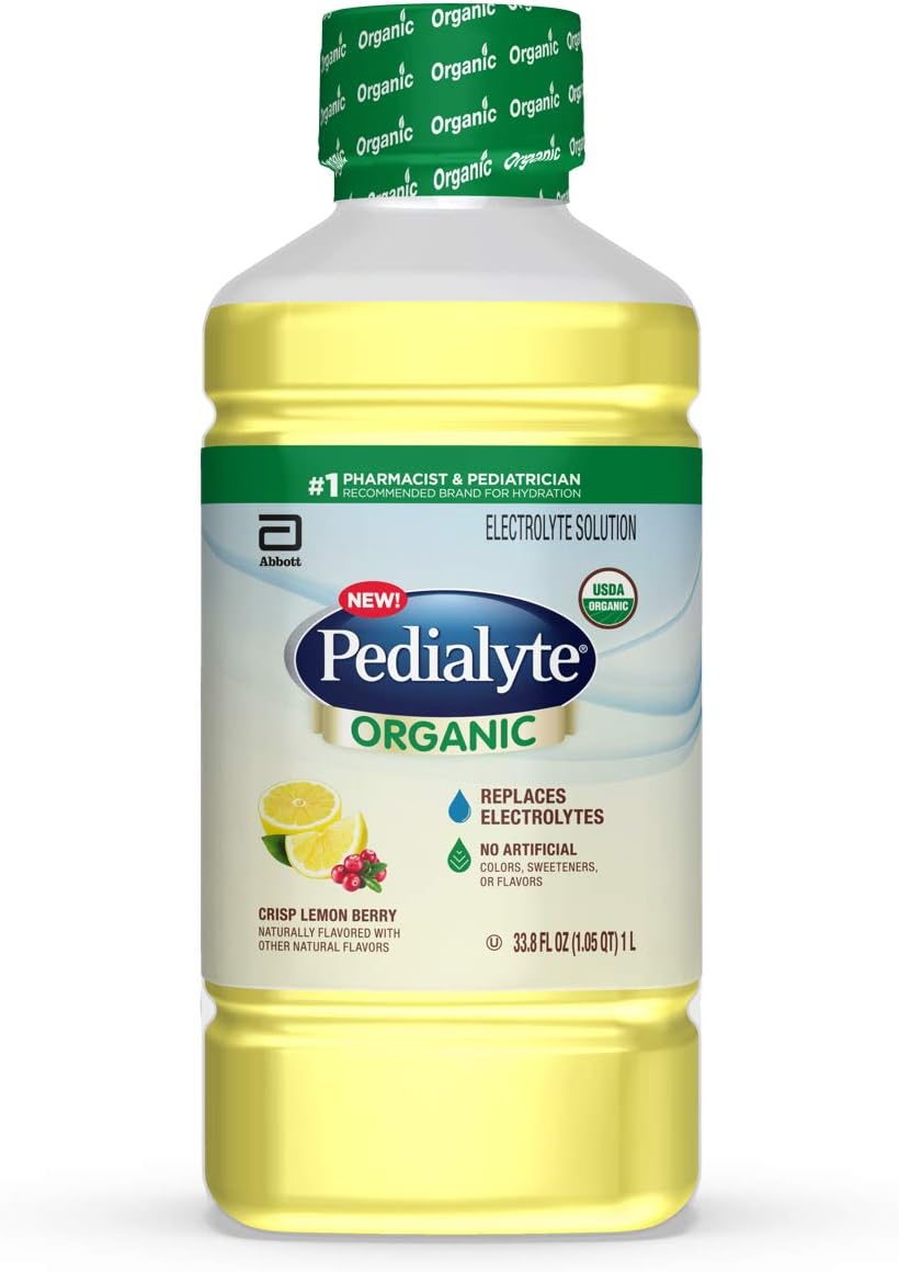Pedialyte Organic Electrolyte Drink, Advanced Hydration for Kids & Adults, with Zinc Immune Support, Crisp, 1 Liter, Lemon Berry, 4 Count
