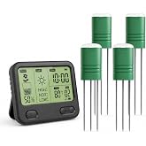 Wireless Soil Moisture Meter for Plants,4 Sensors Included,Supports 12 Zone | TDR sensors track soil moisture, temperature and sunlight up to 230 ft; the indoor display gives custom low-water alerts.
