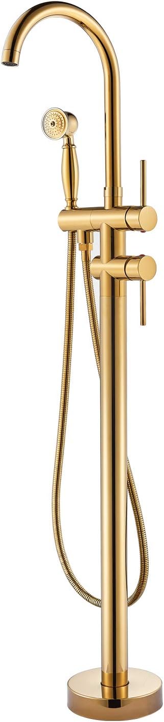 Senlesen Modern Solid Brass Freestanding Bathtub Faucet Tub Filler Single Handle Waterfall Floor Mount Bathroom Faucets with Handheld Shower Gold Polished