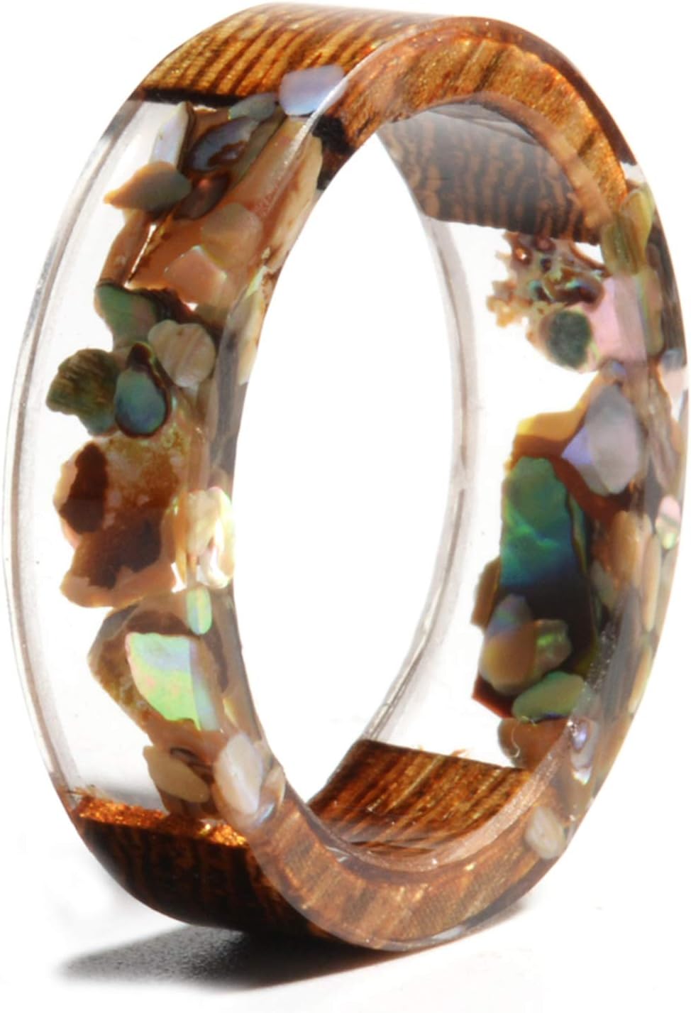 Unique Wood Plastic Resin Ring with Turquoise Insided Transparent Crystal Band Ring Best Handmade Gift for Her