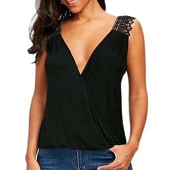 Huihong Damen Sommer Oberteile V-Ausschnitt Spitze Patchwork rückenfreie Weste ärmelloses T Shirt Tank Top Elegante Sommer Bl