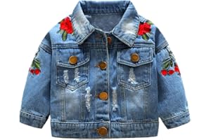 Top and Top Baby Girls Denim Jacket Rose Flower Embroidery Toddler Ripped Denim Coat For Kids