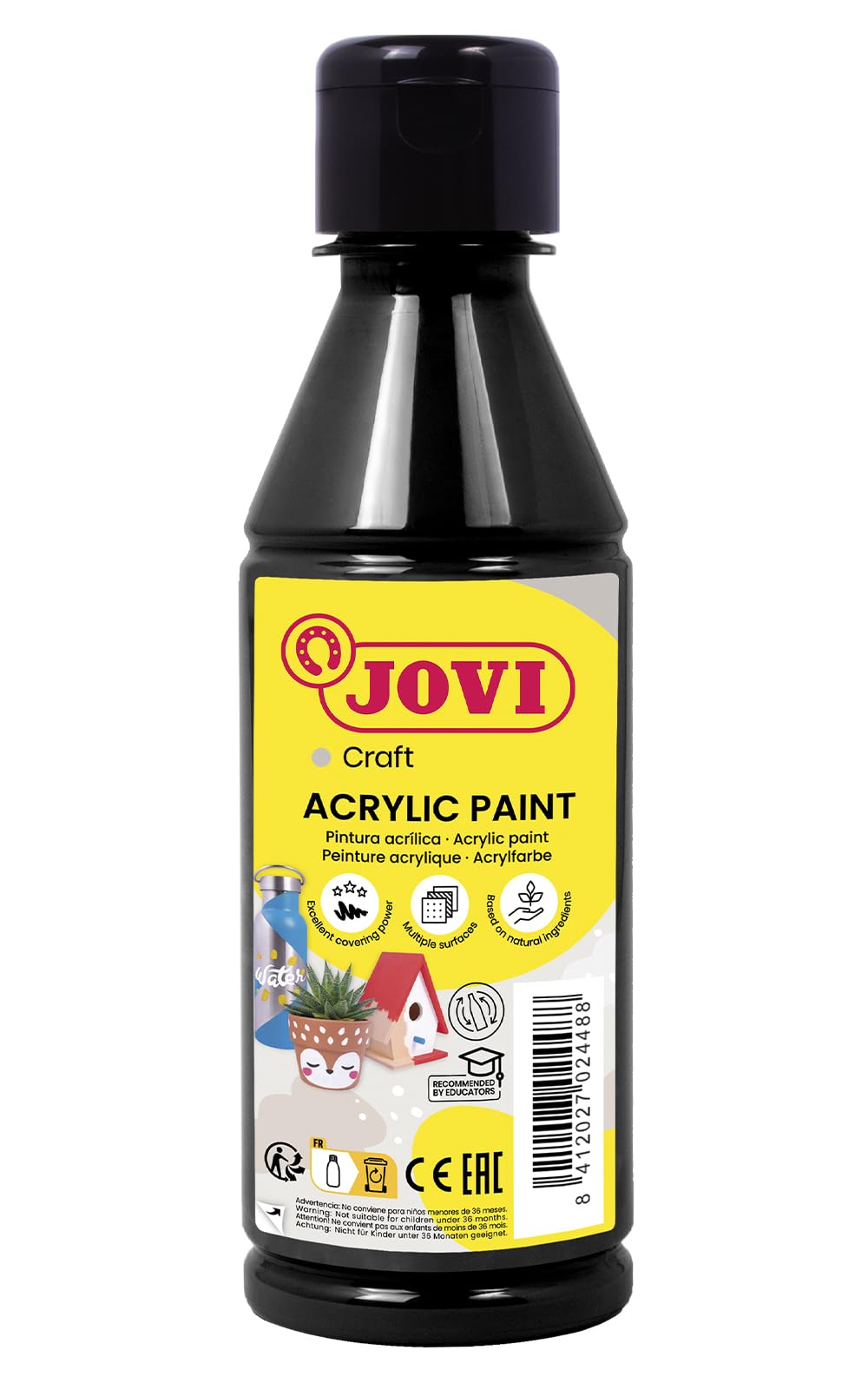 Jovi Jovidecor Acrylic Paint, High Coverage, for All Surfaces, Water-Based, 1 Bottle of 250 ml, Black