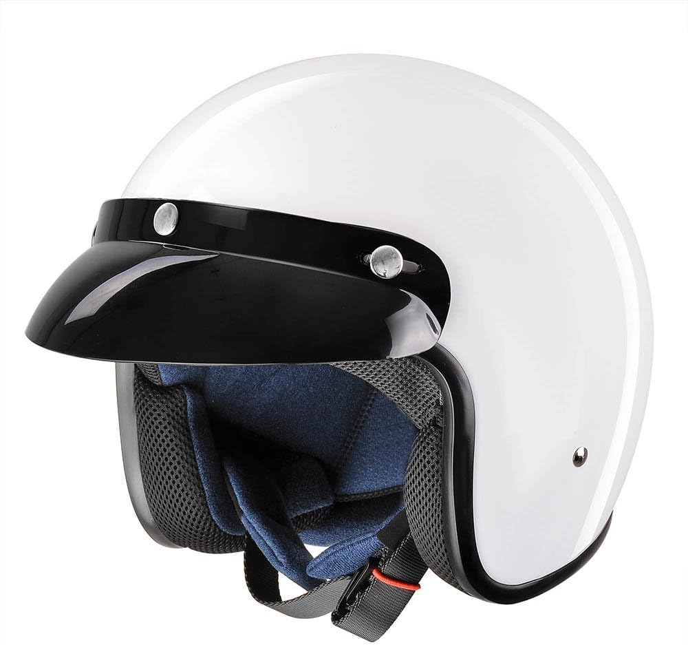 AHR Vintage Retro 3/4 Open Face Motorcycle Helmet with Removable Snap on Visor DOT Approved High Gloss White M