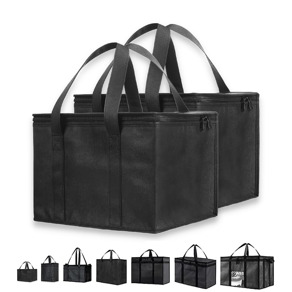 NZ home Insulated Food Delivery Bag (Small) Thermal Bag, Cooler Bag for Grocery Shopping, Hot & Frozen Food Takeaway, Reusable, Foldable & Heavy Duty (2 Pack, Black)