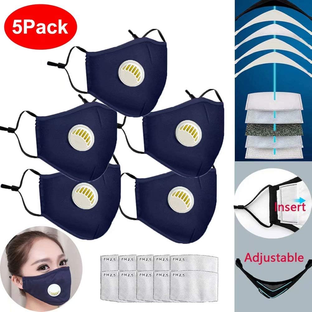 BYMYWAY 5 Pack PM2.5 Cotton Face Mask Washable Activated Carbon Filter Respirator Mouth Masks Dustproof Earloop Safety Mask,with 10Pcs Filters