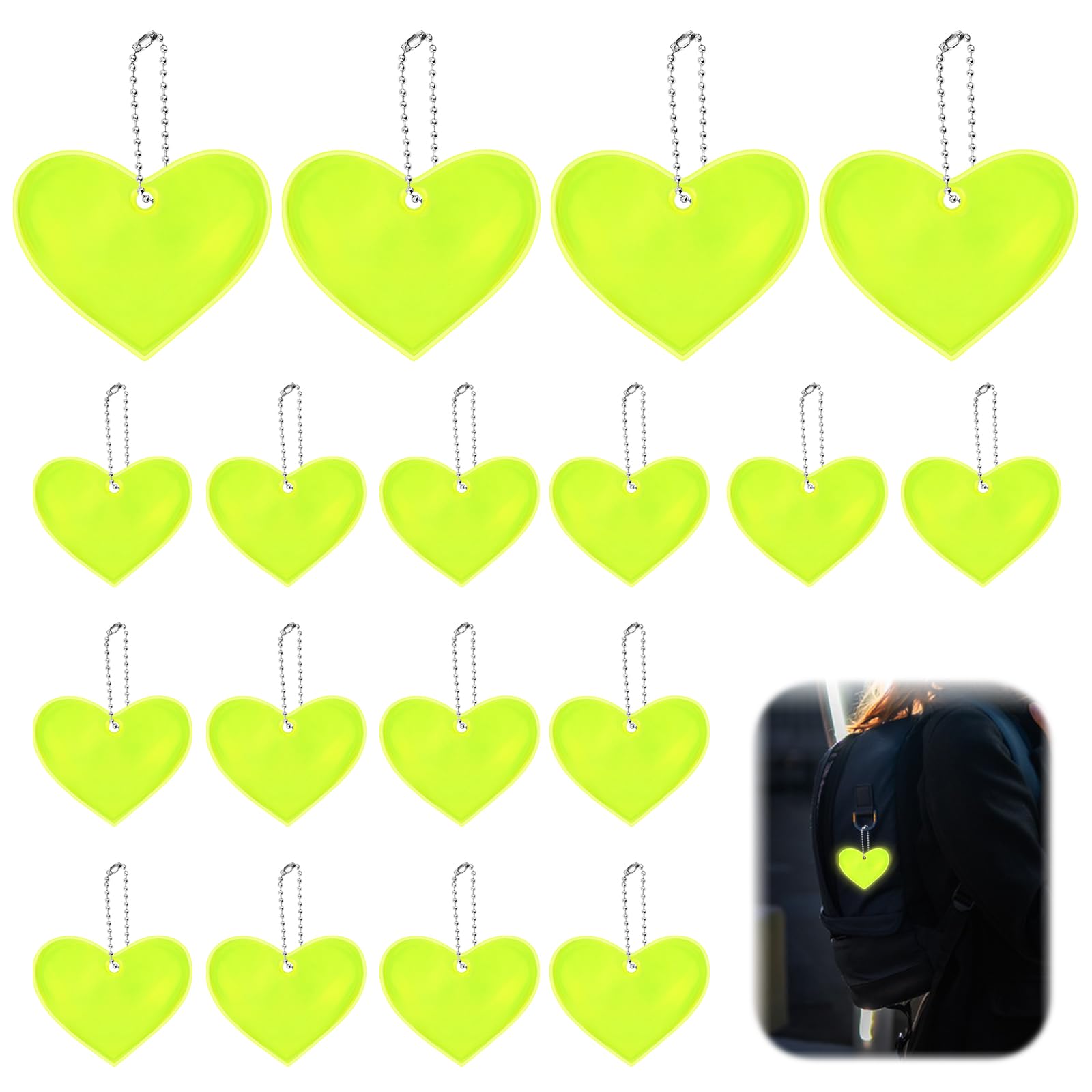 18PCS Safety Reflector, Reflector Pendant, Reflective Pendants Key Chains, Reflective Glossy Keychain, Reflective Keyrings, Reflective Backpack Accessories, for School Bag Backpack Cyclin（Love Heart）
