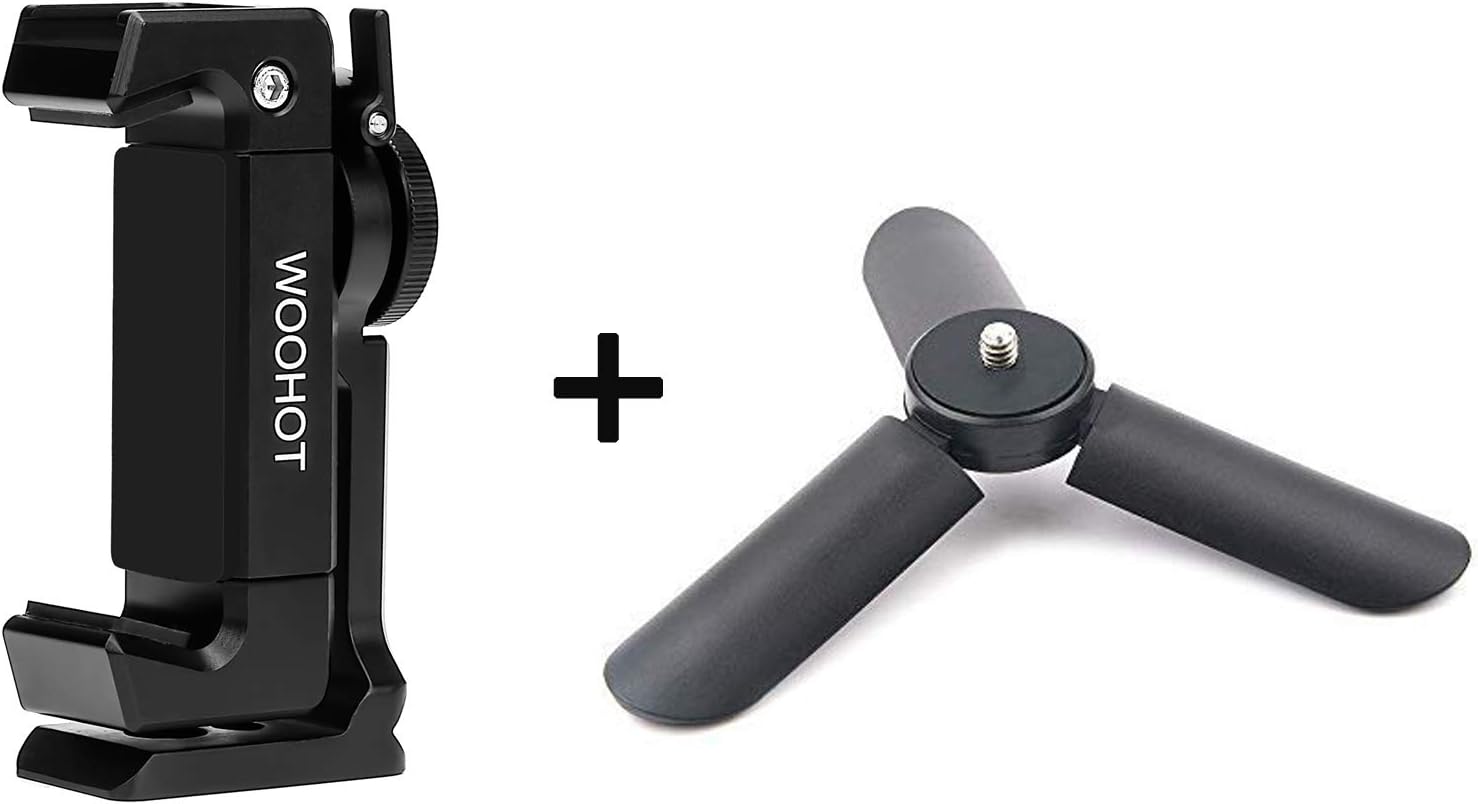 Woohot 360° Rotation Phone Holder Mount,Metal Phone Tripod Mount with Cold Shoe+Mini Tripod Stand Set,Compatible for Most Smartphone and DJI Osmo Pocket,Mount Adapter Cellphone Holder for Tripod