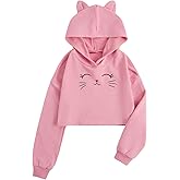 MakeMeChic Girl's Cute Ear Cat Print Crop Hoodie Drop Shoulder Long Sleeve Hooded Sweatshirt Tops