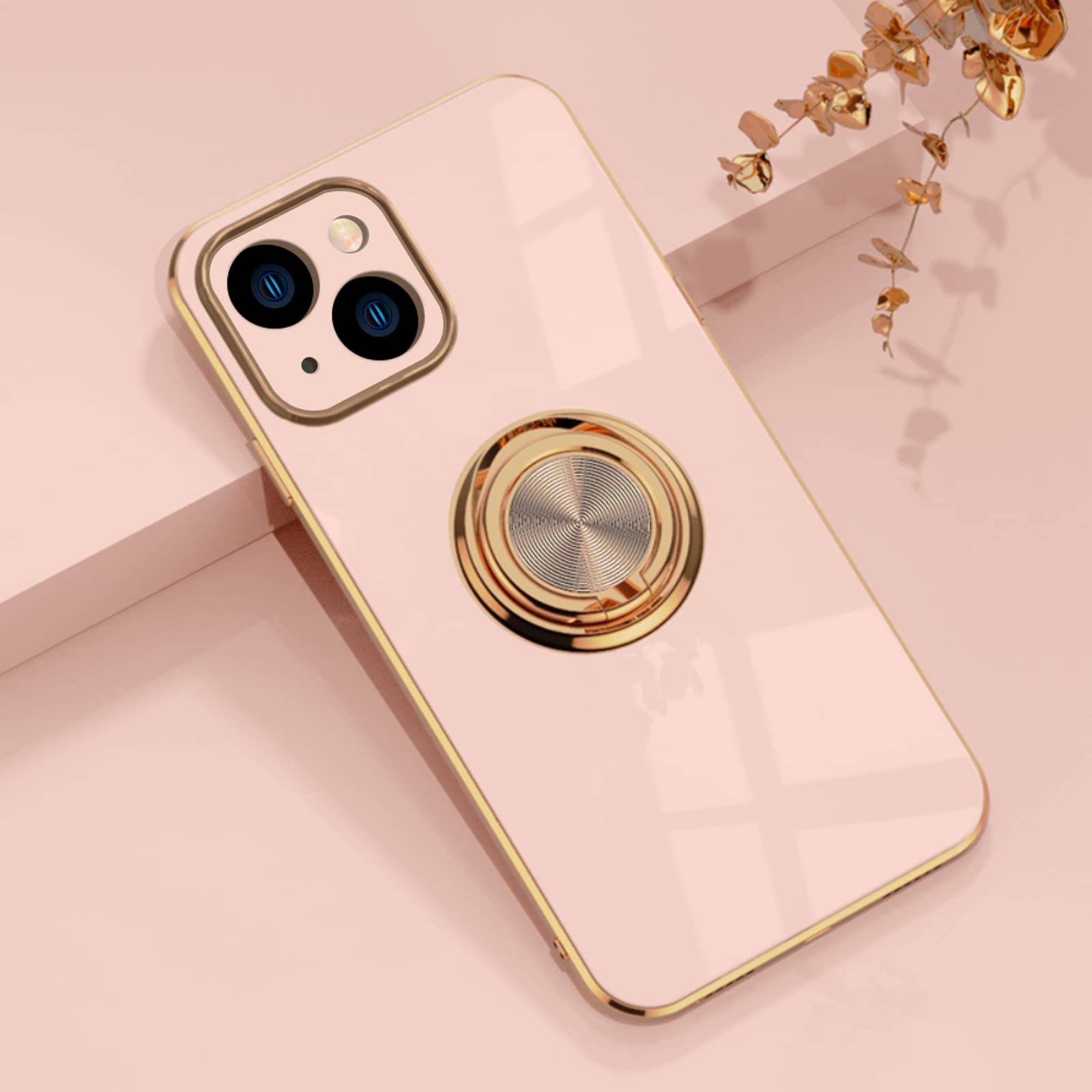EYZUTAK Electroplated Magnetic Ring Holder Case, 360 Degree with Rotation Metal Finger Ring Holder Magnet Car Holder Soft Silicone Shockproof Cover for iPhone 13 mini 5.4 inch - Light Pink — image 1