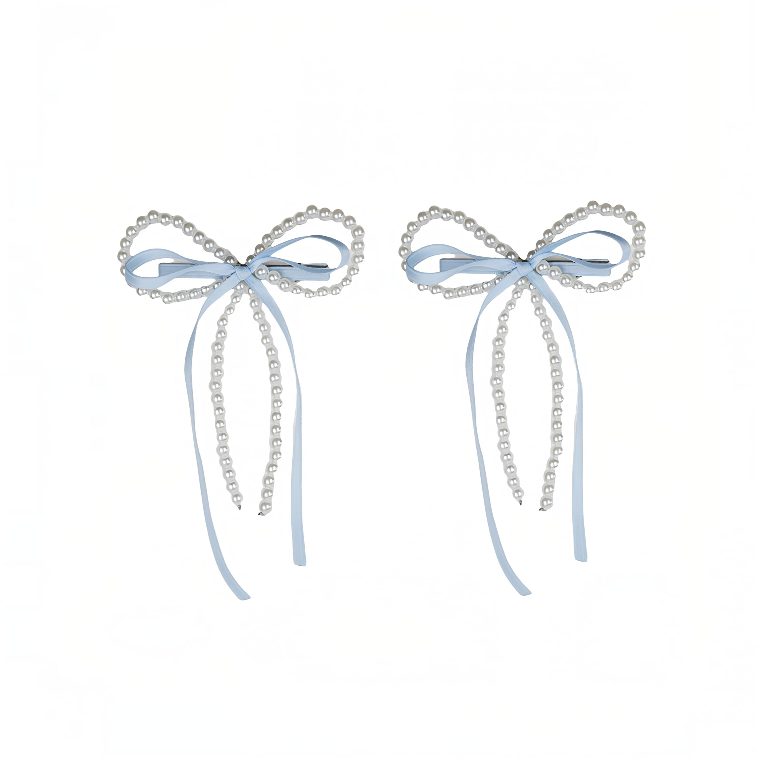 Photo 1 of 2 Pcs Light Blue Ribbon Bow Clip Adjustable Shape Pearl Hair Accessories for Girls Women Wedding Birthday Back to School