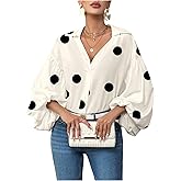 WDIRARA Women's Polka Dots Long Lantern Sleeve Blouse Collared V Neck Top Shirts
