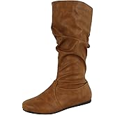 Wells Collection Womens Boots Soft Slouchy Flat to Low Heel Under Knee High, Tan PU, 5.5