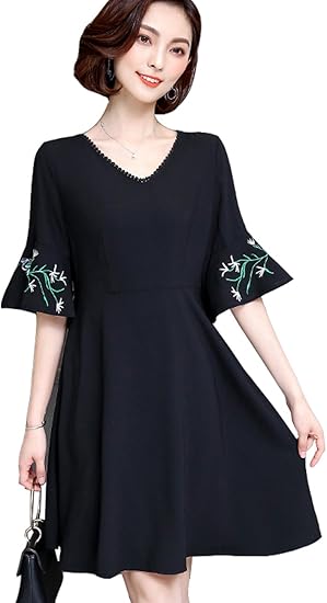 Amazon Lisa Pulster ブラック ワンピース 大きいサイズ 刺繍 着痩せ フォーマル L 5xl ｖネック おしゃれ レディース ファッション 夏 五分袖 フォーマル ワンピース チュニック 通販