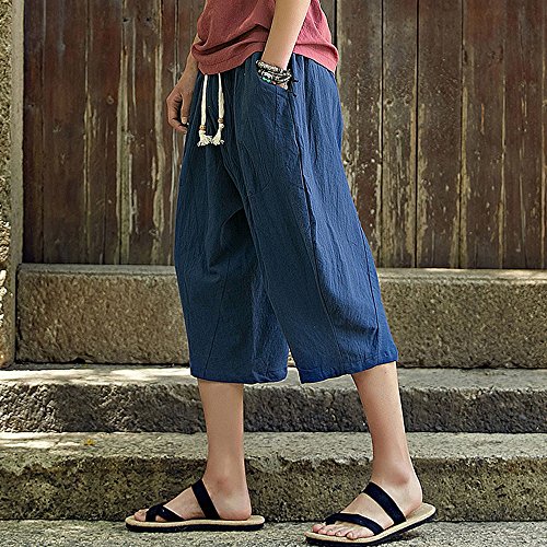 LISTHA Loose Baggy Harem Pants Men's Casual Sports Calf-Length Linen Trousers Navy
