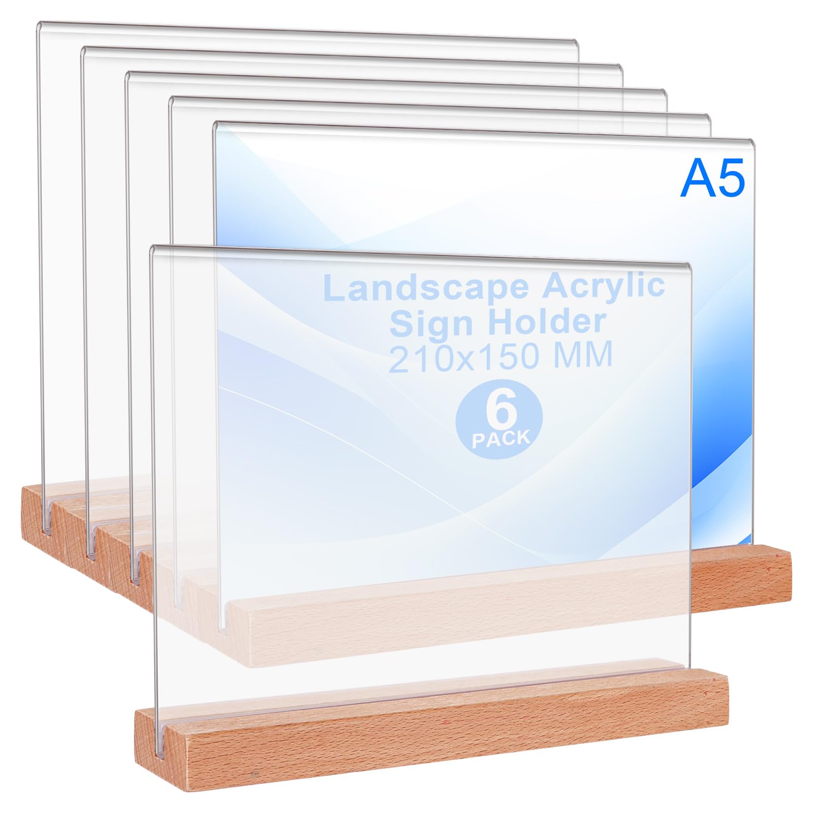 SHUESS 6 Pack A5 Acrylic Sign Holder - Landscape A5 Display Stand - 8.27 x 5.83 Inches Double Sided Menu Holders for Tables - A5 Acrylic Sign Holder, 210 x 148 mm