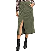Happy Sailed Womens Corduroy Skirts Casual Dressy High Waist A Line Split Midi Skirt with Pockets