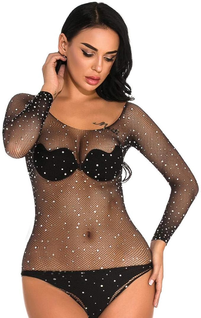 Tuta Da Donna Body Trasparente Collo Manica Lunga Body In Pizzo Nero A Rete Clubwear Top Da Ballo Abiti