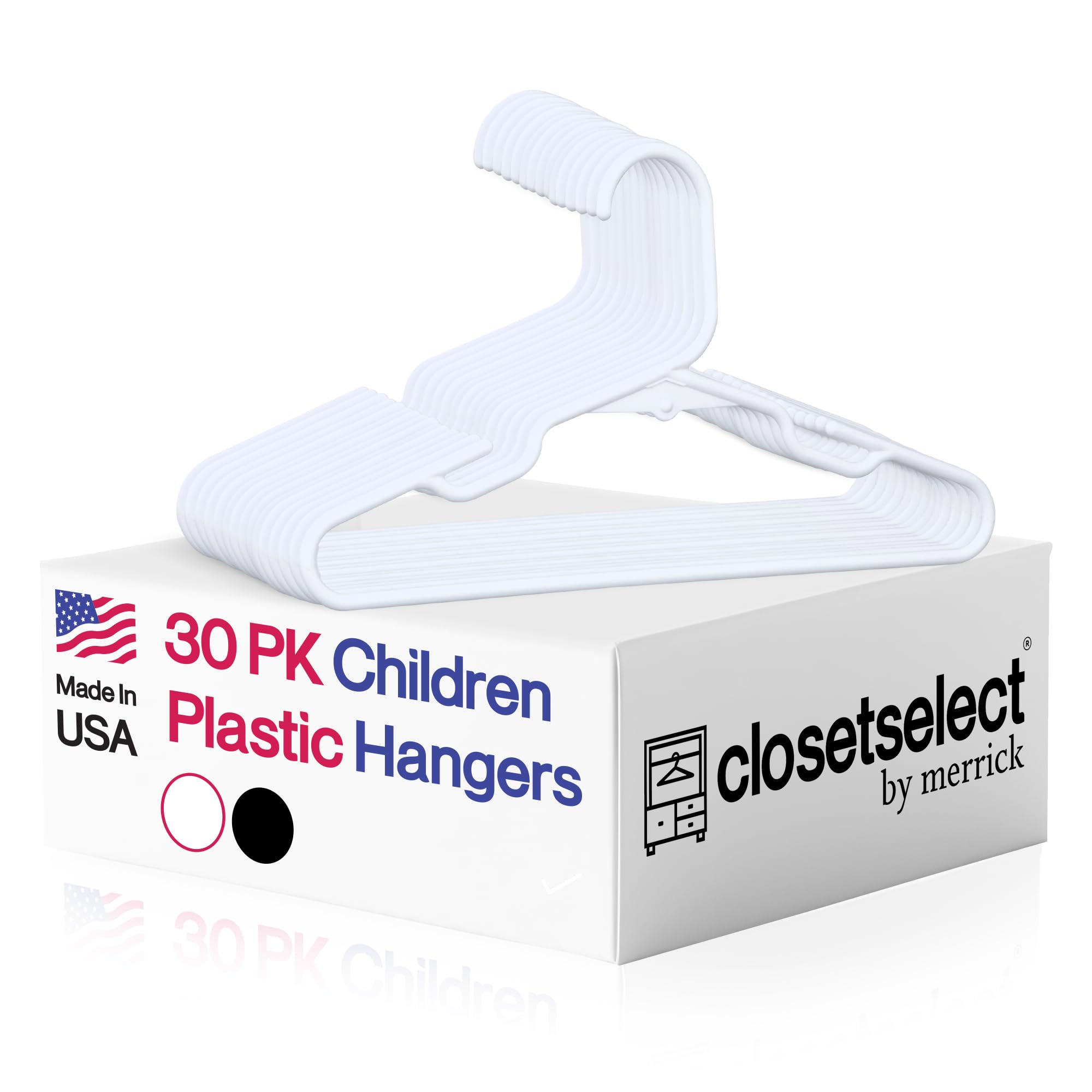 Closetselect Childrens Hangers 30 Pack - 11.75 Inch Plastic Kids Hangers for Closet, Baby Hangers for Children Clothes Sizes 0 to 8, Non-Slip Infant Hangers with Shoulder Grooves, Made in USA | White