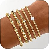 Geveay 5Pcs Gold Bracelets for Women Non Tarnish Dainty 14K Gold Plated Bracelets Stack Stretch Bead Ball Cross Gold Bracelet Set