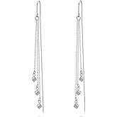 Sterling Silver Threader Earrings Flower Heart Moon Star Tiny Cube Rhombus Sector Beads Dream Catcher Evil Eye Butterfly Leaf Lightning Bolt Tassel Dangle Drop Chain Charm Earrings Jewelry Gifts for Women