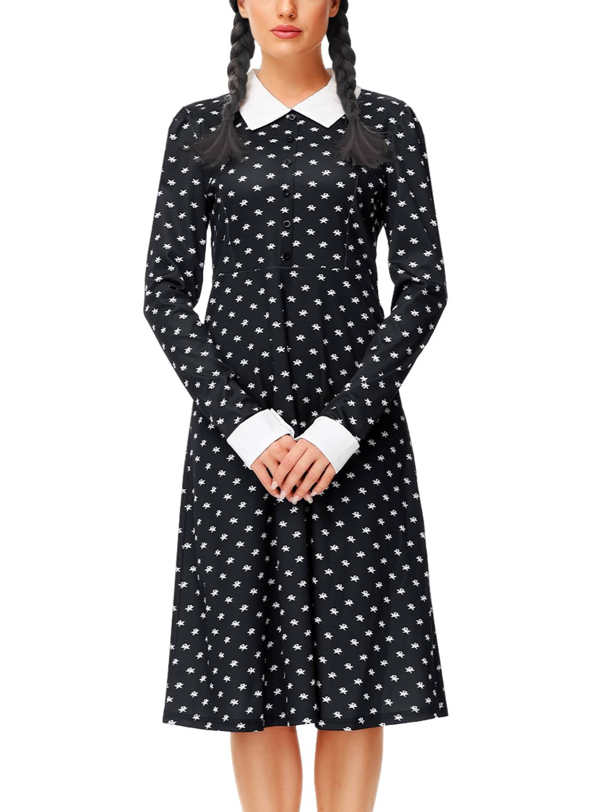 Photo 1 of (USED/FAIR) (BAGGED) Halloween Women Costume Wednesday Addams Dresses White Collar Long Sleeve Midi Gothic Black Dress XXL