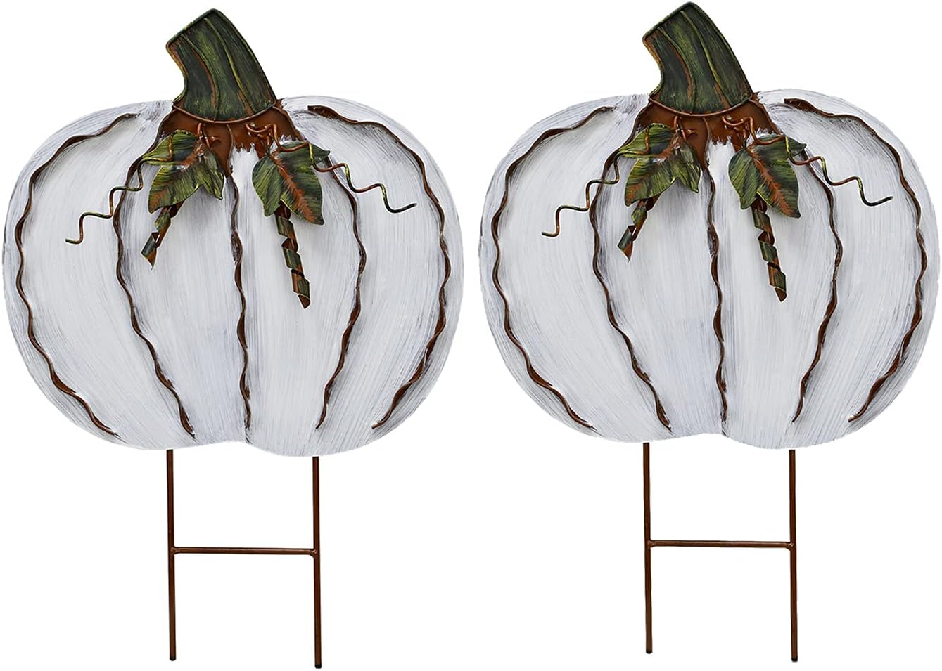 Decorative Garden Stakes - Veclotch 2set Pumpkin Garden Stake Metal Yard Sign Fall Decor, Decorative Decor Outdoor Stakes for Autumn Harvest Thanksgiving Halloween Rustic Decoration Home (White, 17''H)