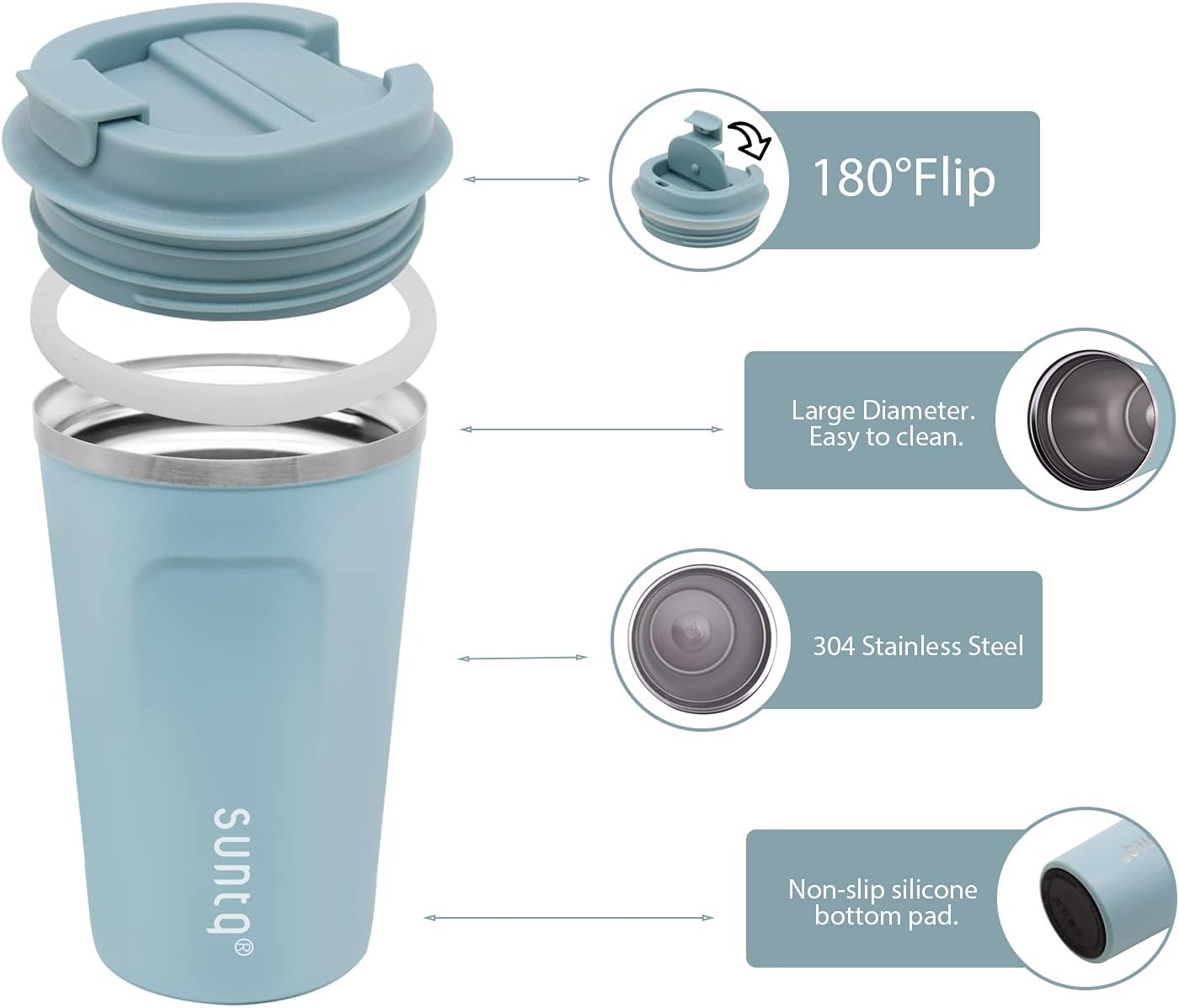 SUNTQ Reusable Coffee Cups Travel - Coffee Travel Mug with Leakproof Lid Stainless Steel Coffee Travel Cup (Light Blue, 18oz/510ml) - Image 4