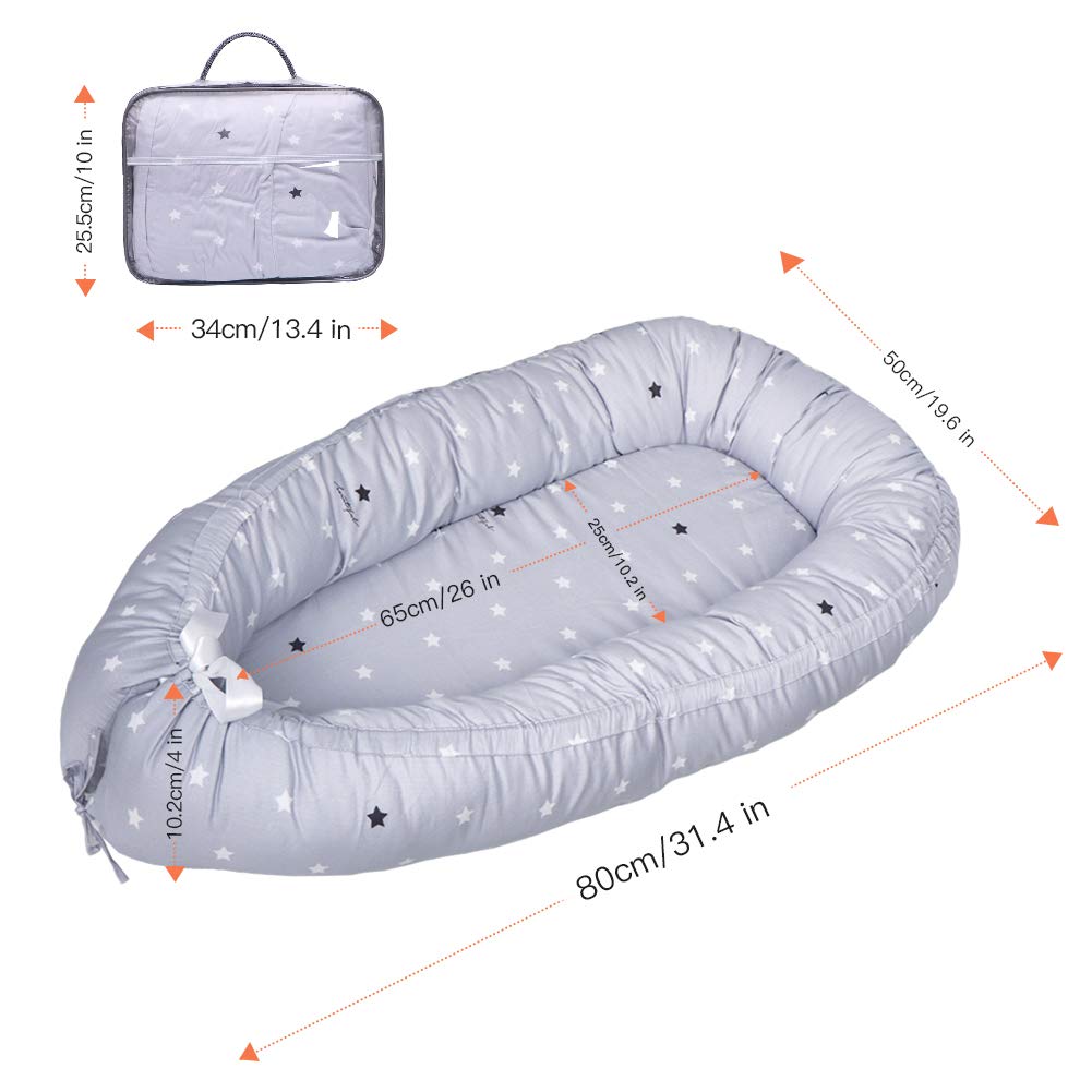Baby Lounger & Baby Nest Co Sleeper for Newborn Portable Bassinet Bed Soft Organic Cotton Easy to Clean Babies Crib Large Size(0~12months) (Grey Star) : Baby