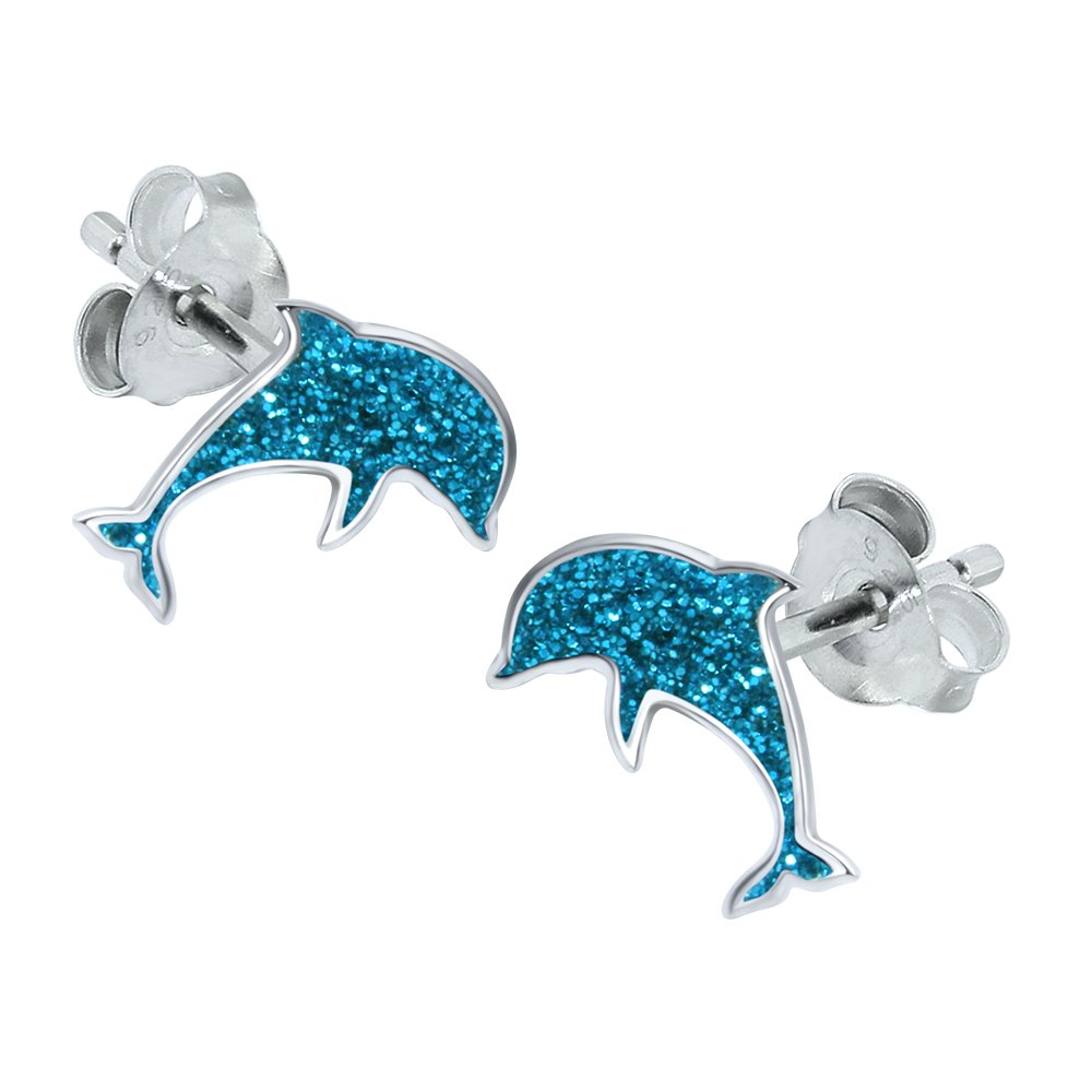 Dolphin Earrings with Blue Sparkly Glitter 925 Sterling Silver