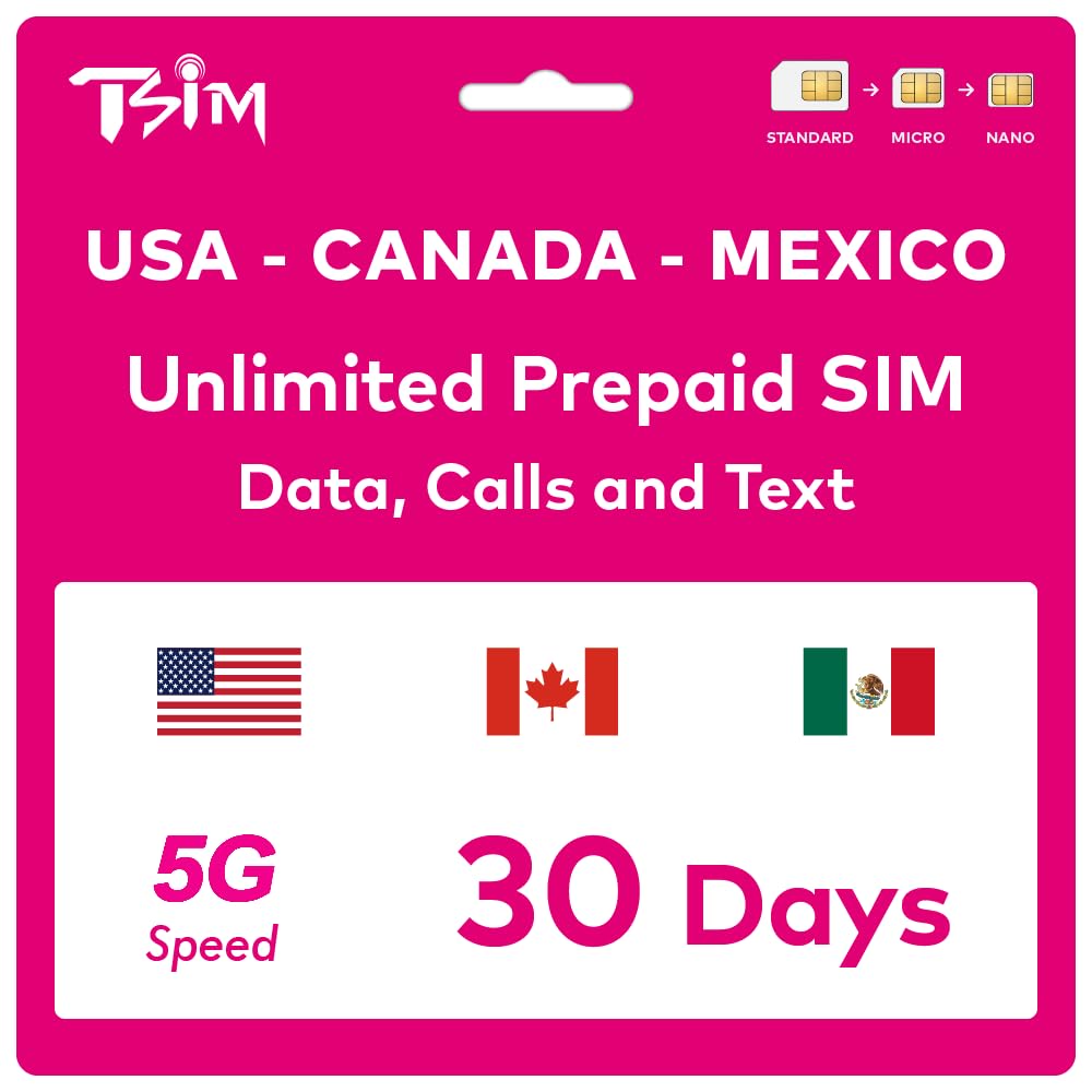 TSIM Prepaid USA SIM card for 30 days travel | Unlimited 4G/5G high-speed data in the USA + 5GB data in Canada and Mexico | Unlimited local calls + free incoming calls & SMS