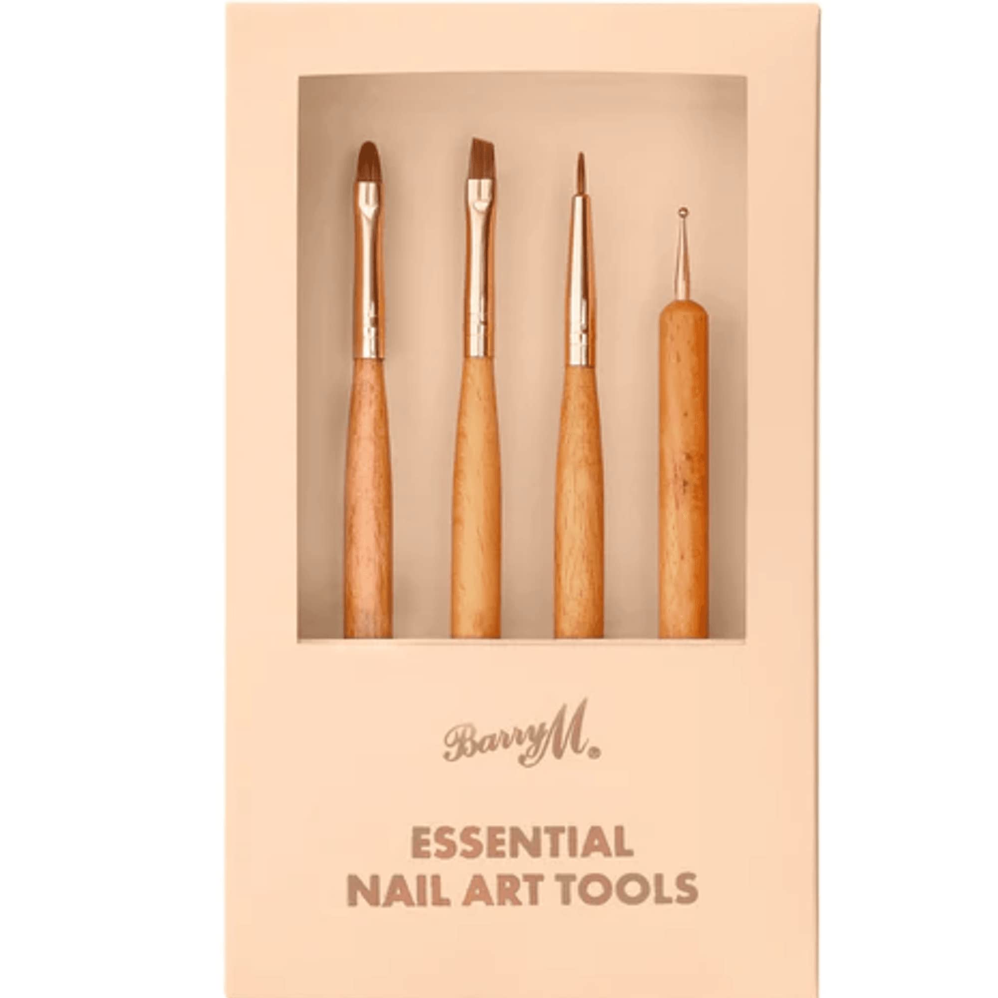 Barry M Essential Nail Art Tools, 4 pc set, includes 3 different brushes and Dotting Tool, Bamboo wood/Rose Gold